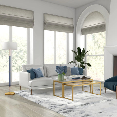 Two Light Floor Lamp With Fabric Drum Shade In Blue Brass White, 61 Inch Tall Standing Lamp in modern living room area