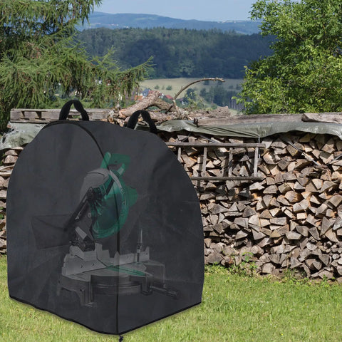 Kick Ass Miter Saw Cover Crafted From Thick Waterproof Oxford Cloth Featuring A Snug Drawstring Hem And Easy Grip Handles for rugged outdoor use.