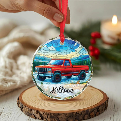 Custom Name Pickup Truck Stained Glass Ornament For Christmas Tree Red Vintage Farm Vehicle Keepsake personalized with 'Killian'