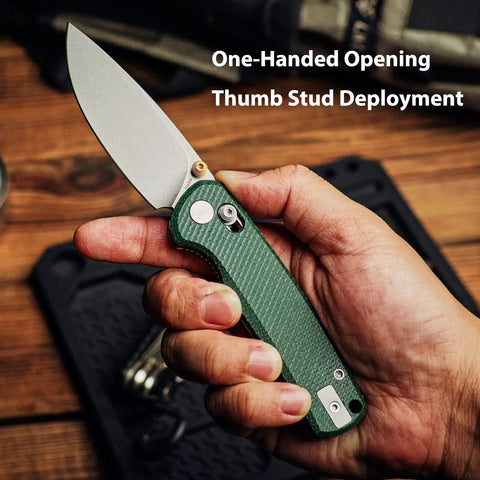 Rockshark EDC Folding Pocket Knife With 3.03 Inch 14C28N Drop Point Blade Green Micarta Handle in hand