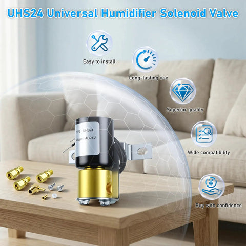Universal 24V Humidifier Solenoid Valve UHS24 Replacement For Aprilaire 4040 99053 and HE280 with brass fittings on table