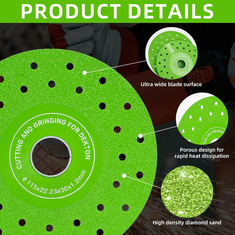 Close-up of blade from 4 Piece 4-1/2 Inch Diamond Saw Blade Set For Angle Grinder With Ceramic Glass Tile Rock Cutting Discs And Multi Hole Cooling Technology Built Tough Industrial Strength Diamond Blades