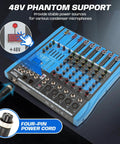 Six Channel Pro Audio Mixer With 48V Phantom Power USB Bluetooth MP3 Input Built In 16 DSP Effects Stereo Digital Interface