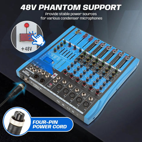 Six Channel Pro Audio Mixer With 48V Phantom Power USB Bluetooth MP3 Input Built In 16 DSP Effects Stereo Digital Interface