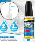 2 Oz Fishing Reel Oil Lubricant Set for Freshwater and Saltwater Reels, bottle dimensions and capacity visualized with fishing reel background