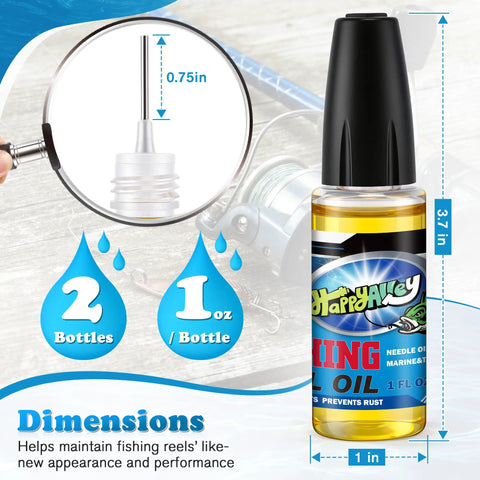 2 Oz Fishing Reel Oil Lubricant Set for Freshwater and Saltwater Reels, bottle dimensions and capacity visualized with fishing reel background
