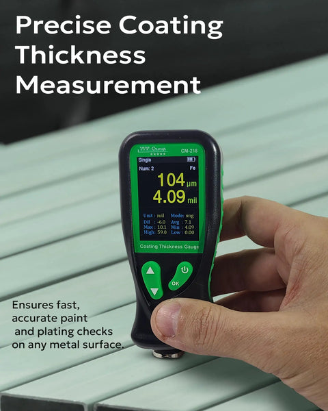 Coating Thickness Gauge CM-218 Pro Grade Paint Depth Meter For Cars And Industry, 0.01 Mil Resolution, 0-51 Mil Range, Auto Ferrous And Non Ferrous Substrate Detection Fe/Al hand-held on metal surface