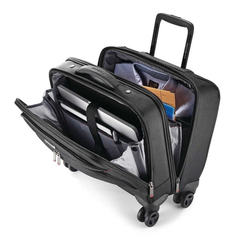 Xenon 3.0 Spinner Mobile Office Black Carry On With Four Multidirectional Wheels, open with laptop inside, rugged 1680 denier polyester
