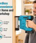 21V Brushless Cordless Electric Nail Gun Brad Nailer Tool For Baseboards And Cabinet Molding Zero Fuss Battery Powered held by a user.