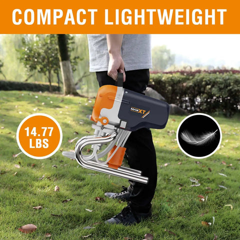 Heavy Duty Airless Paint Sprayer With Stand 3300 Psi Motorized Spray Machine being held in hand on grass.