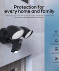 Dope Floodlight Security Camera With Motion Sensor 1080P HD Video Two Way Talk Infrared Night Vision mounted on a wall outdoors.