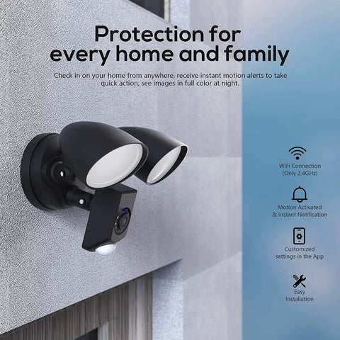 Dope Floodlight Security Camera With Motion Sensor 1080P HD Video Two Way Talk Infrared Night Vision mounted on a wall outdoors.