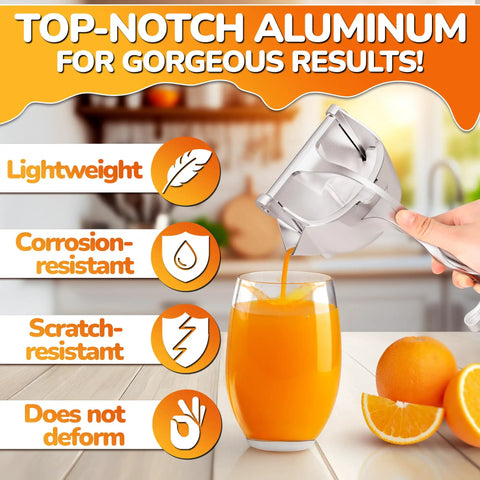 Hand Press Citrus Juicer For Lemons Limes Oranges Aluminum Alloy Ergonomic Handle Heavy Duty Manual Fruit Squeezer pouring fresh juice