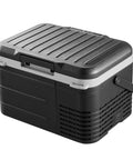 Heavy Duty 12V Car And Truck Refrigerator With A Hella Efficient Compressor 11 Qt Portable Electric Cooler Freezer in black with handle.