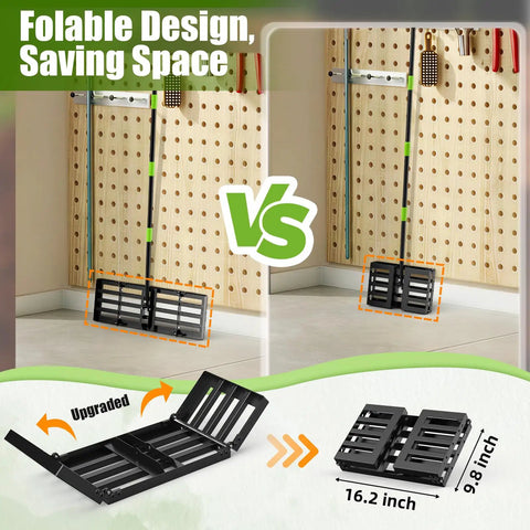 Foldable design comparison of Lawn Leveling Rake 30x10 Built Tough With Anti Flip Design, showing storage and dimensions 16.2 x 9.8 inch.