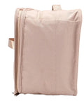 Heavy Duty Mesh Travel Dresser side view, foldable garment rack in soft pink fabric, ideal for hotels and camping.