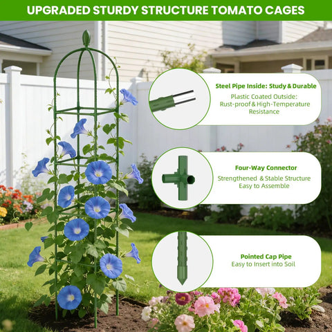 2 Pack Garden Obelisk Trellis For Climbing Plants 71 Inch Adjustable Height displayed with blue flowers in garden