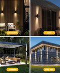 Rock Solid Solar Wall Lights With Up And Down Next Level Glow Built For Outdoor Patios, illuminating courtyard and gate areas.