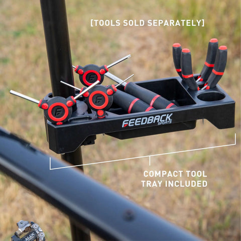 Compact tool tray on Sport Mechanic Bicycle Repair Stand With Tripod Base, Lightweight Yet Rock Solid in black.