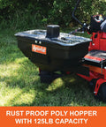 Zero Turn Mower Electric Spreader With 125 Lb Rustproof Poly Hopper on mower on grass
