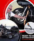 Beefy Heavy Duty Ratchet Straps 4 Pack securing motorcycle for transport with wide padded grips and easy release lever, 4400 lb break strength.