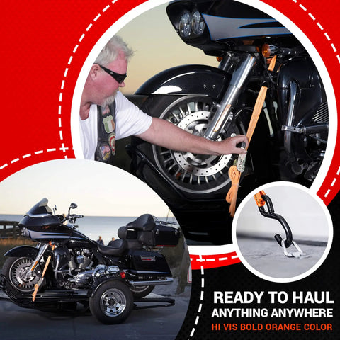 Beefy Heavy Duty Ratchet Straps 4 Pack securing motorcycle for transport with wide padded grips and easy release lever, 4400 lb break strength.