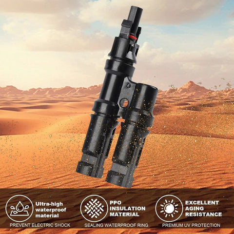 Durable black One Pair Solar Branch Y Connector For Parallel Connection Between Solar Panels FMM MFF MC4 in desert backdrop