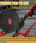 Quarter Inch G80 Tow Chain with G70 Clevis Grab Hook coiled on wooden surface, red hooks visible, used for towing and transport.