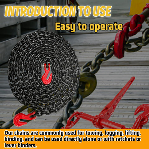 Quarter Inch G80 Tow Chain with G70 Clevis Grab Hook coiled on wooden surface, red hooks visible, used for towing and transport.