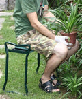 Person sitting on Foldable Garden Kneeler Stool With Thick Foam Pad Portable Work Bench For Gardening And Home Use Dual Function Garden Seat