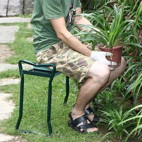 Person sitting on Foldable Garden Kneeler Stool With Thick Foam Pad Portable Work Bench For Gardening And Home Use Dual Function Garden Seat