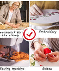 Collage showing elderly person doing needlework, embroidery hoop in use, sewing machine stitching, and fabric stitching.