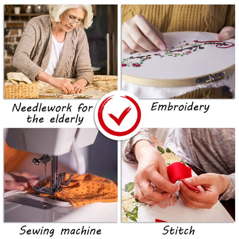 Collage showing elderly person doing needlework, embroidery hoop in use, sewing machine stitching, and fabric stitching.
