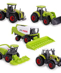 Five Piece Green Die Cast Farm Machinery Toys Set With Mini Tractors And Harvesters, Durable Metal Play Tractors