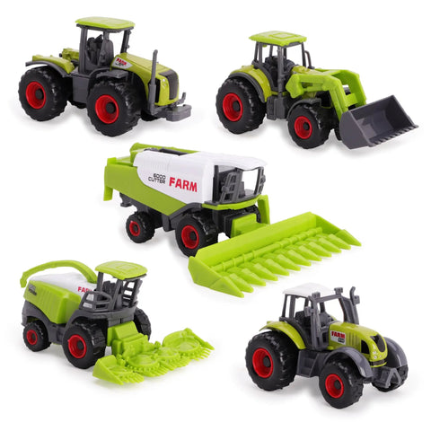 Five Piece Green Die Cast Farm Machinery Toys Set With Mini Tractors And Harvesters, Durable Metal Play Tractors