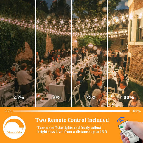 Outdoor dining scene with Solar String Lights Outdoor 100ft G40 Globe Bulbs Waterproof Dimmable LED With Remote Solar Powered