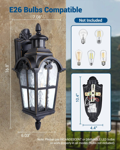 Lit Outdoor Motion Sensor Wall Light With Dusk To Dawn Feature Water Ripple Glass Porch Lantern with size details and bulb compatibility
