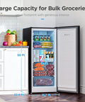 Big Capacity 7.1 Cu Ft Upright Freezer Refrigerator Convertible in Black with One Touch Switch, showcasing bulk groceries inside.