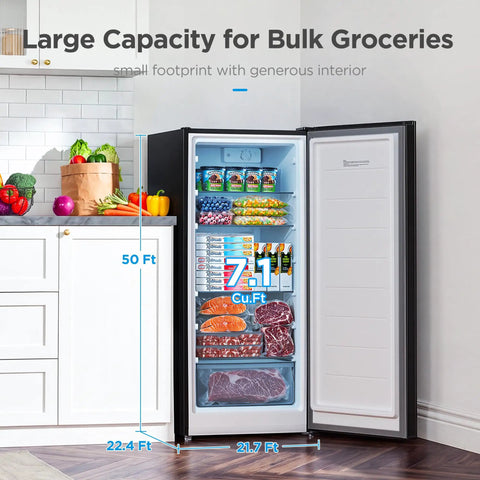 Big Capacity 7.1 Cu Ft Upright Freezer Refrigerator Convertible in Black with One Touch Switch, showcasing bulk groceries inside.