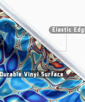 Close-up of blue round fitted tablecloth with elastic edge and waterproof vinyl surface.