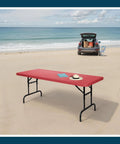Heavy Duty Adjustable Height Folding Table For Pro Events Built Tough 6 Foot Premium Industrial Table with red top on beach