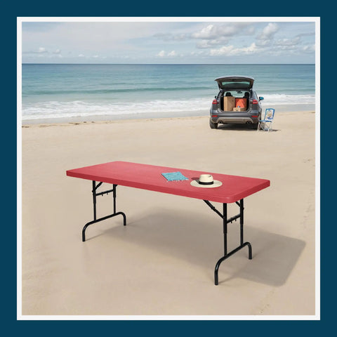 Heavy Duty Adjustable Height Folding Table For Pro Events Built Tough 6 Foot Premium Industrial Table with red top on beach