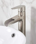 Vessel Sink Faucet With Waterfall Spout In Brushed Nickel Finish Single Handle 1 Hole Vanity Faucet Tall Lavatory Faucet With Pop Up Drain