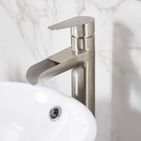 Vessel Sink Faucet With Waterfall Spout In Brushed Nickel Finish Single Handle 1 Hole Vanity Faucet Tall Lavatory Faucet With Pop Up Drain
