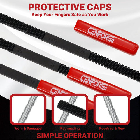 CENFORGE 3pc thread restorer file set with red safety caps; metal files for external bolts, screws, pipes.