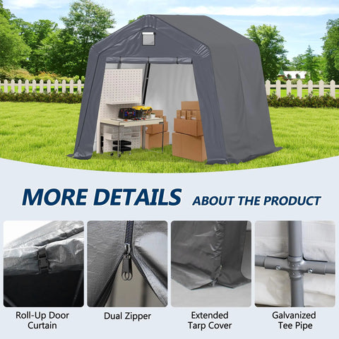 10x10 Outdoor Storage Shed Heavy Duty Portable Shelter Carport With Ventilation Windows And Roll Up Doors Backyard Must Have For Motorcycle Bike Lawn Mower And Garden Tools Gray, showing interior with boxes and tools