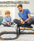 Father and son playing with Epic Slot Car Race Track Set For Kids And Teens, showing battery or electric track, dual lanes.
