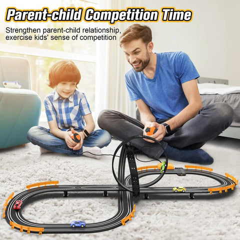 Father and son playing with Epic Slot Car Race Track Set For Kids And Teens, showing battery or electric track, dual lanes.