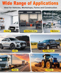 Collage showing application range of Beefy 8 GPM 110V Electric Fuel Transfer Pump Kit For Diesel Kerosene And Oils, used in garage, shop, vehicles, and farm equipment