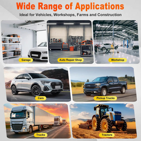 Collage showing application range of Beefy 8 GPM 110V Electric Fuel Transfer Pump Kit For Diesel Kerosene And Oils, used in garage, shop, vehicles, and farm equipment